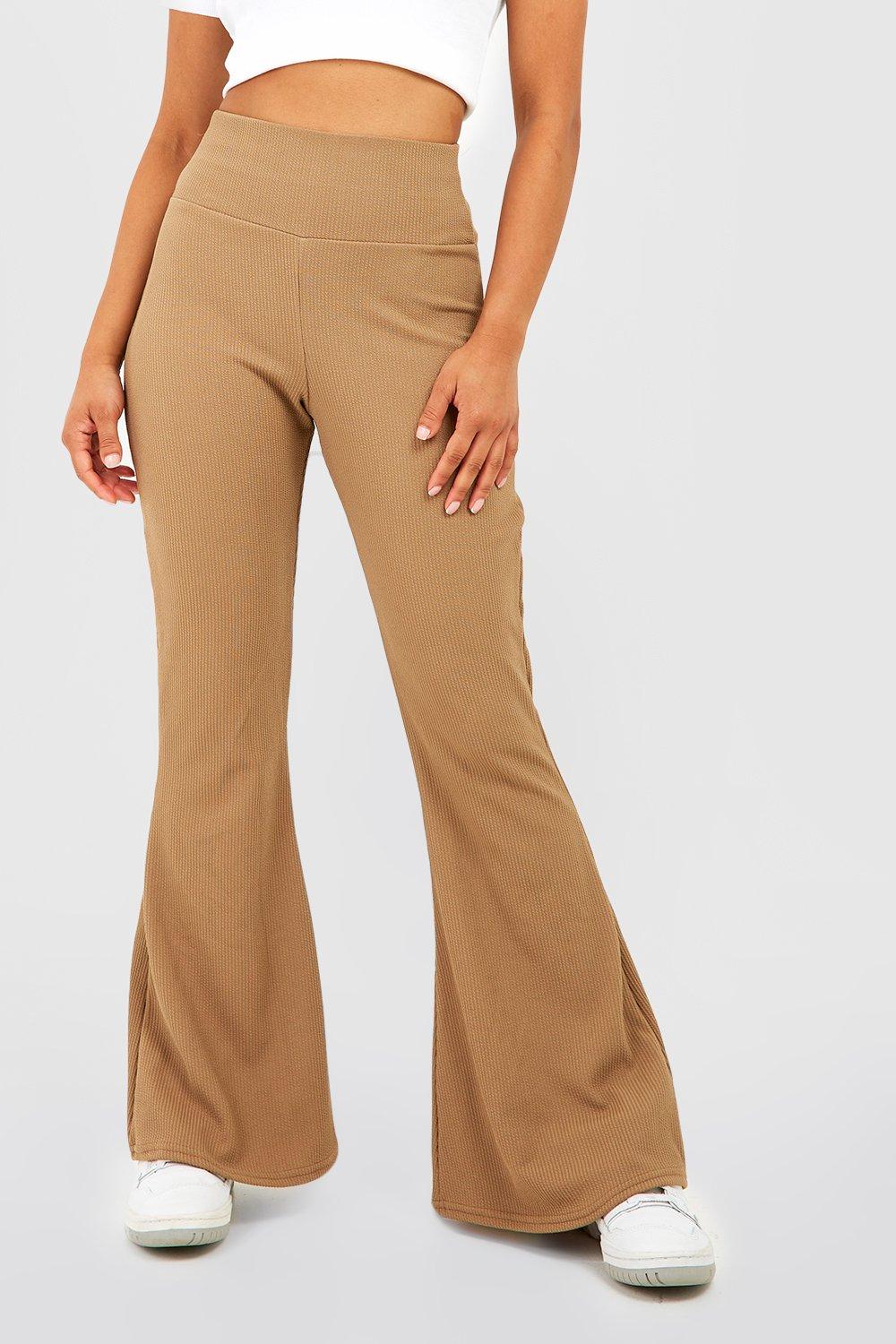 Buy Boohoo Crinkle Rib Thick Waistband Flare Pants In Beige