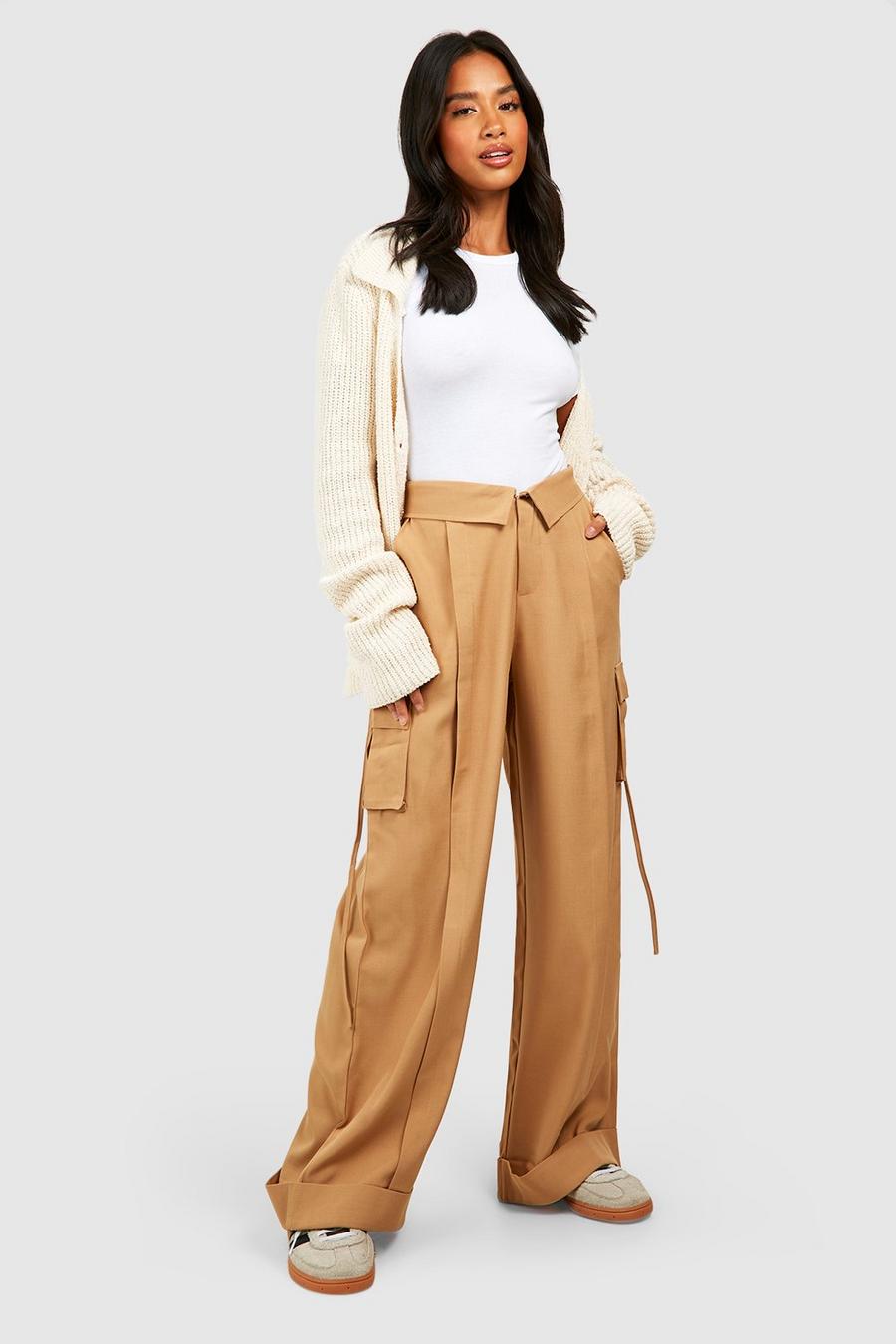 Camel beige Petite Folded Waistband Relaxed Fit Cargo Pants