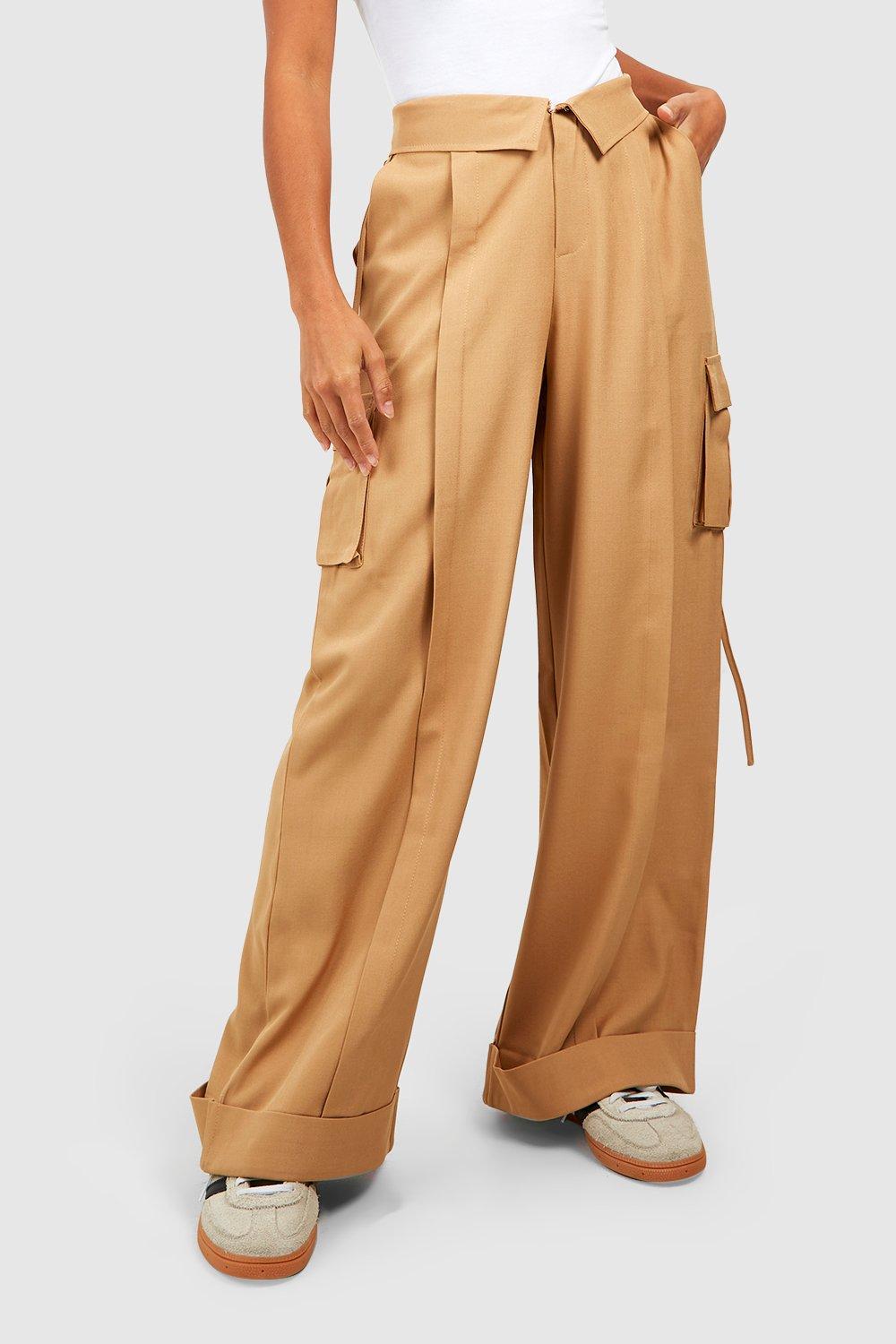 Boohoo Petite Folded Waistband Relaxed Fit Cargo Trousers in White