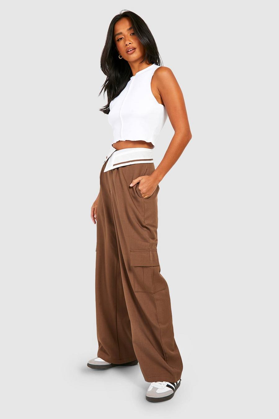 Chocolate Petite Foldover Waistband Tailored Pants image number 1
