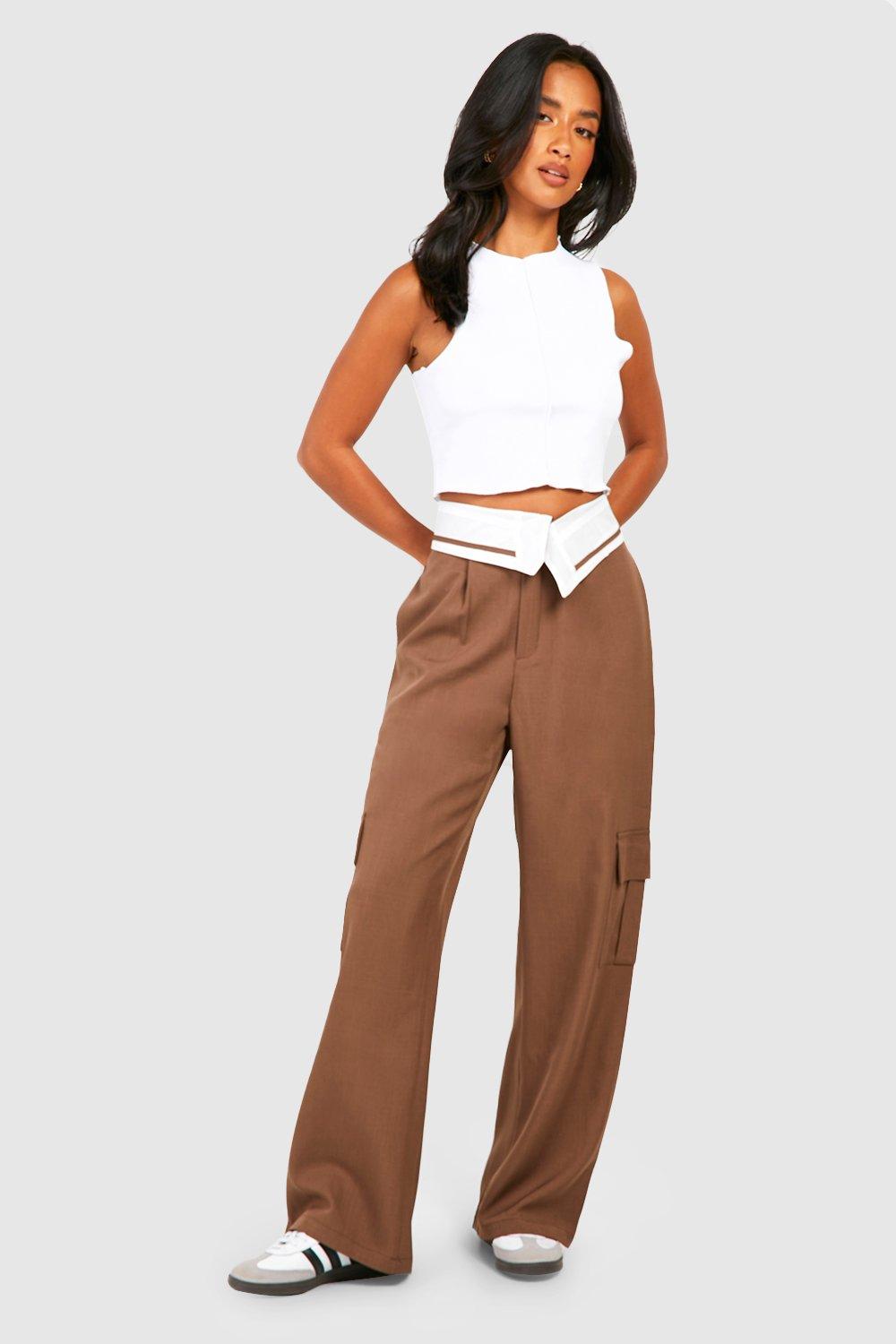 Folded Waistband Wide Leg Dress Pants