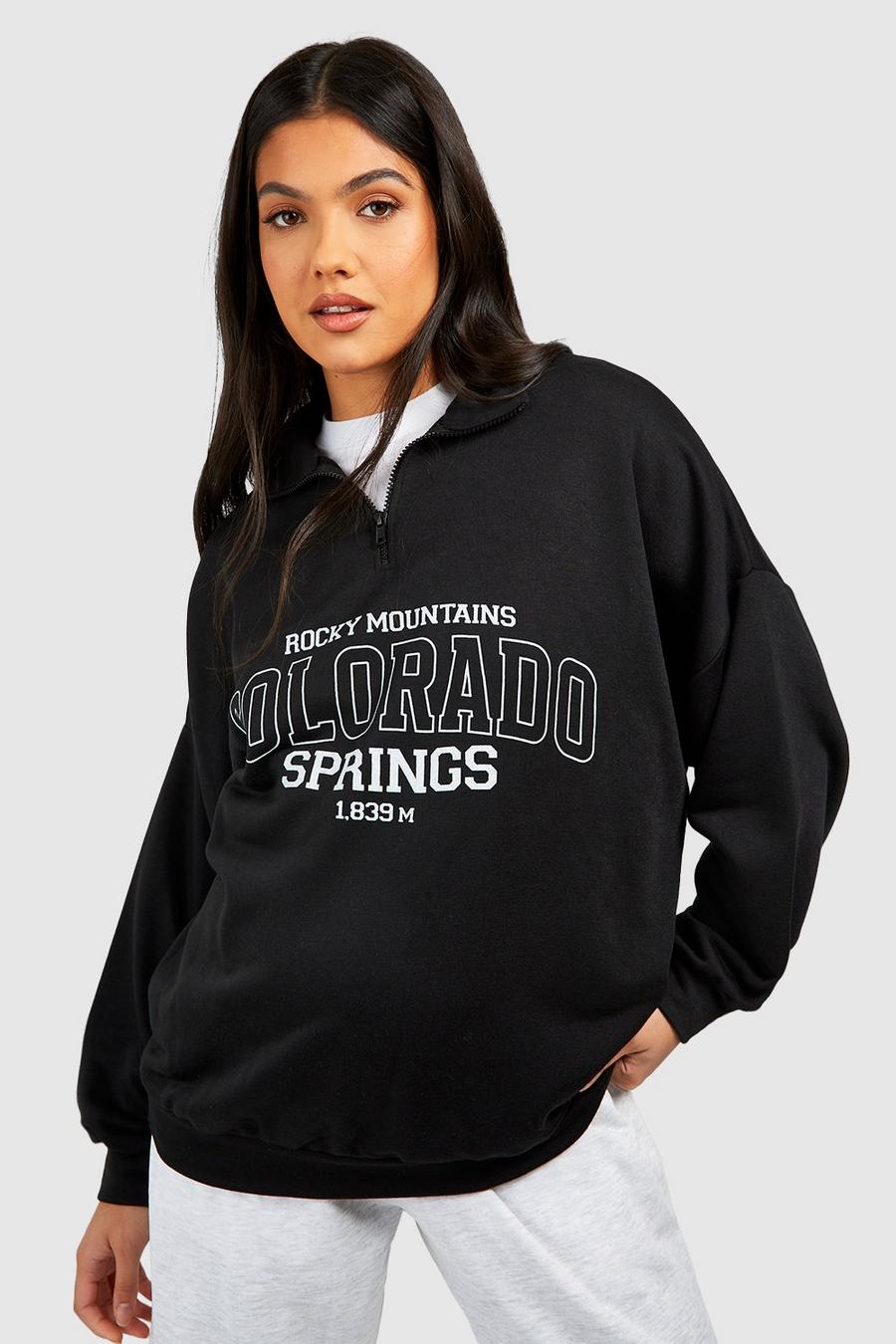 Umstandsmode Sweatshirt mit Colorado Springs Print und halbem Reißverschluss, Black