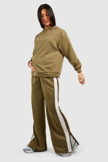 Maternity Side Stripe Straight Leg Hooded Tracksuit khaki