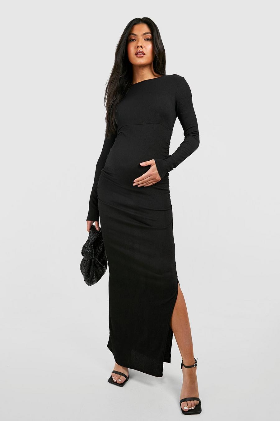Maternité - Robe longue de grossesse texturée à coutures froncées, Black