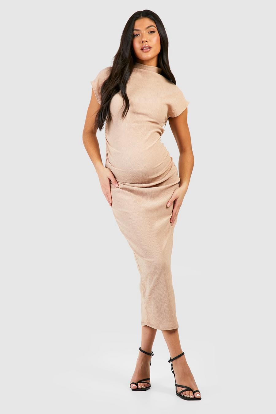 Stone Maternity Textured Ruched Seam High Neck Midi Dress image number 1