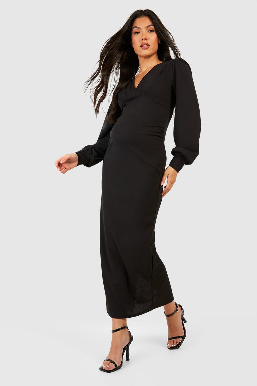Black Maternity Pleat Detail Blouson Sleeve Midaxi Dress