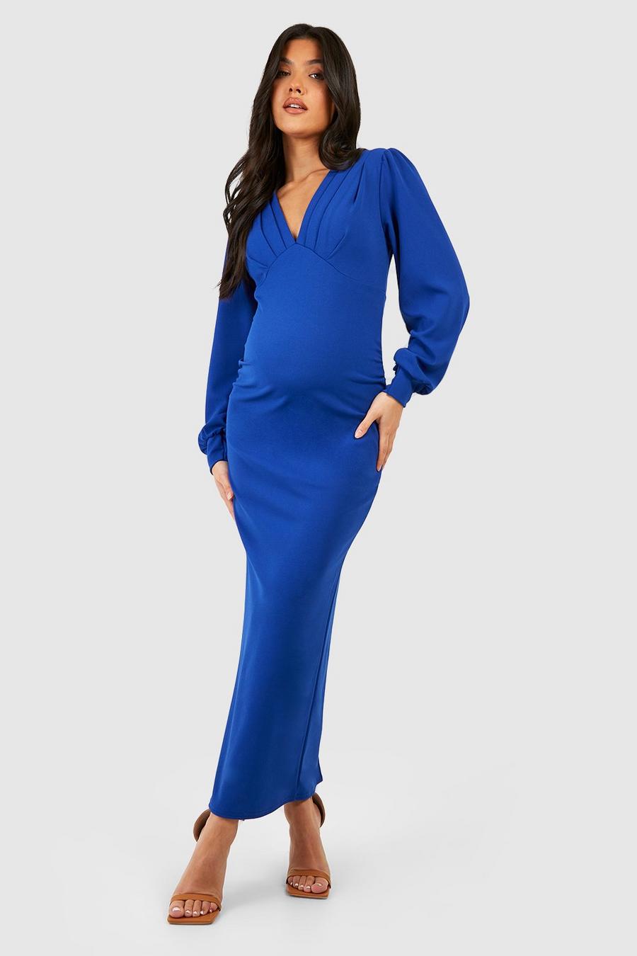 Cobalt blue Maternity Pleat Detail Blouson Sleeve Midaxi Dress