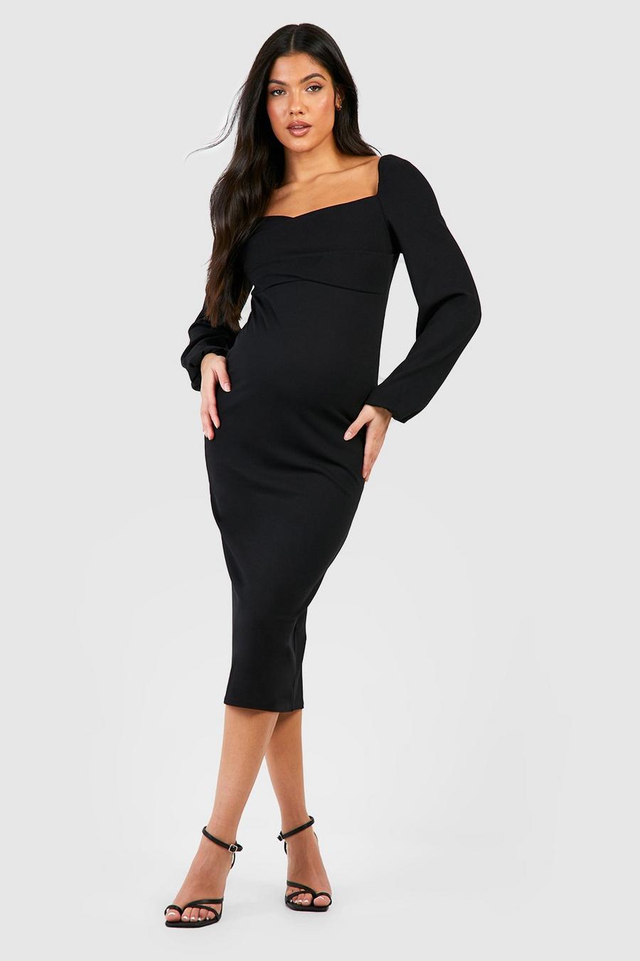 Black Maternity Drape Detail Blouson Sleeve Midi Dress image number 1
