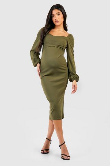 Khaki Maternity Drape Detail Blouson Sleeve Midi Dress