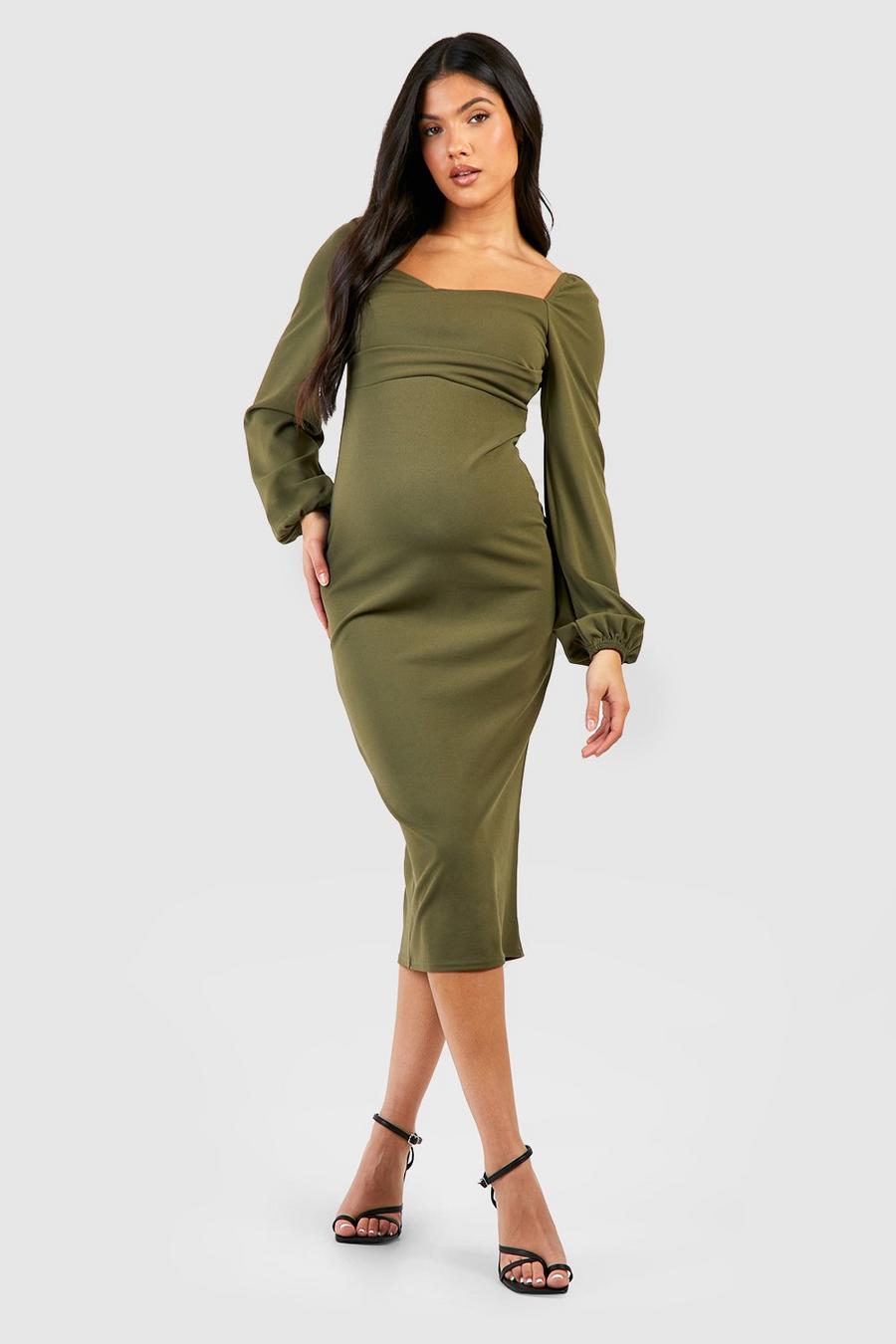 Khaki Maternity Drape Detail Blouson Sleeve Midi Dress image number 1