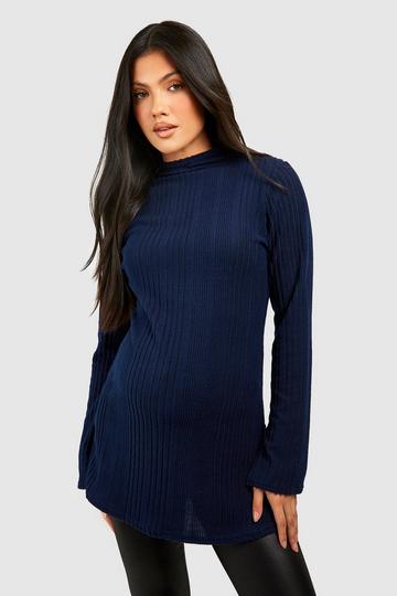 Maternity Soft Rib Side Split High Neck Sweater navy