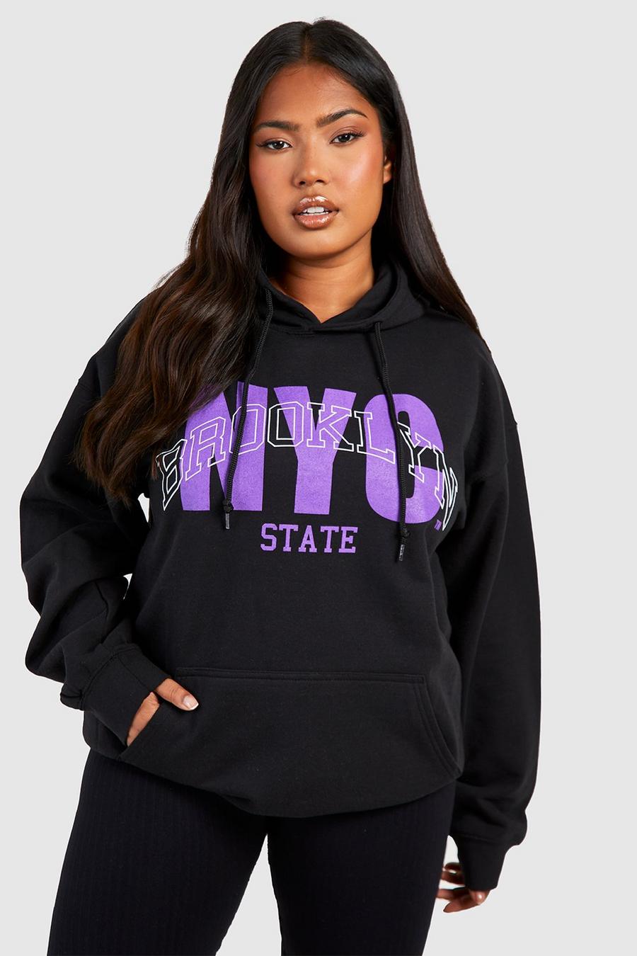 Sudadera Plus oversize universitaria con capucha y estampado NYC, Black image number 1