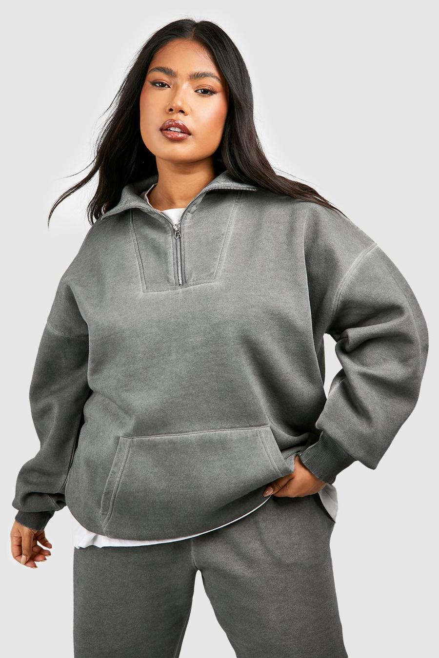 Charcoal Plus Sweatshirt med kort dragkedja och tvättad effekt image number 1