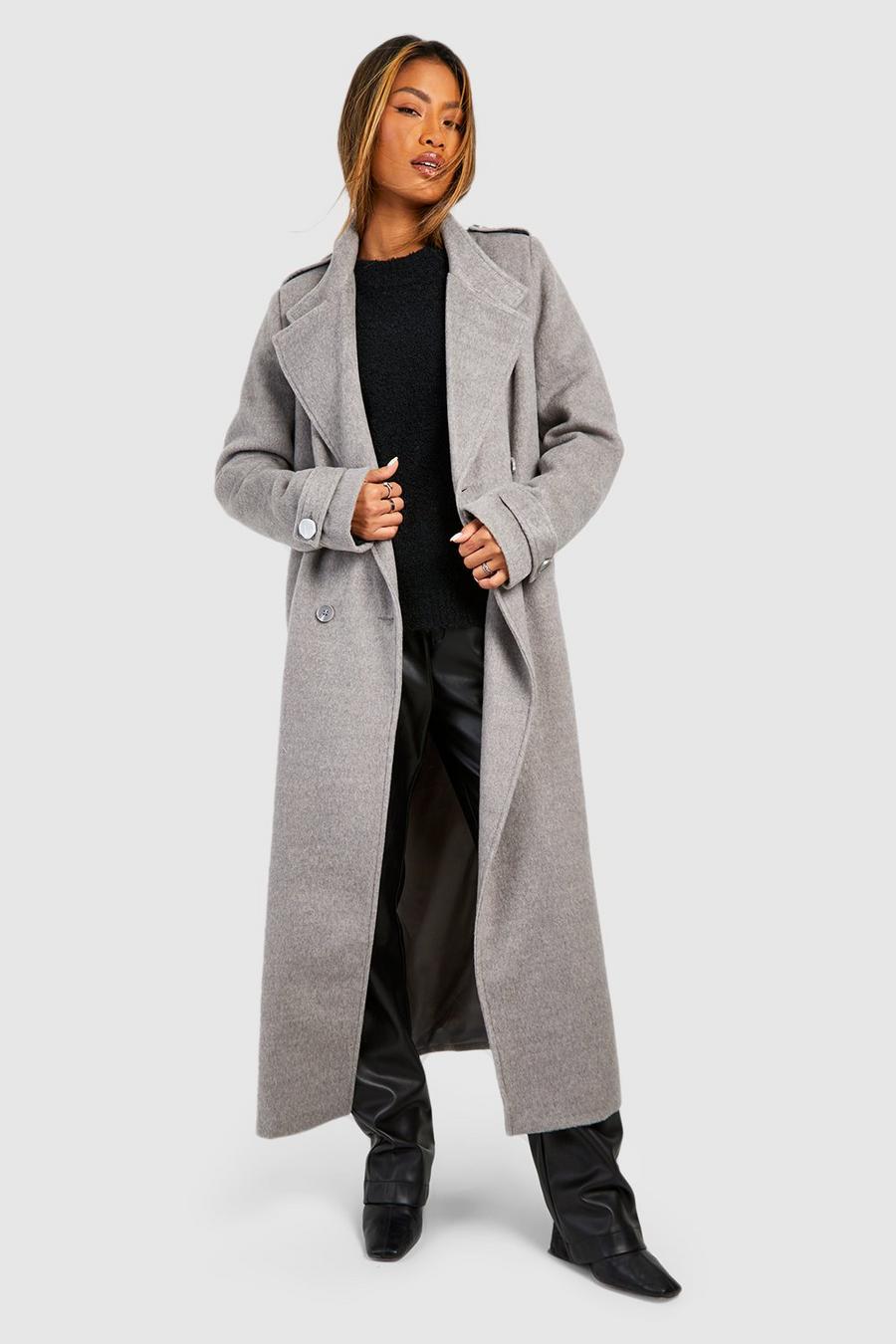Grey Dubbelknäppt lång kappa i ull med dekorativ krage image number 1