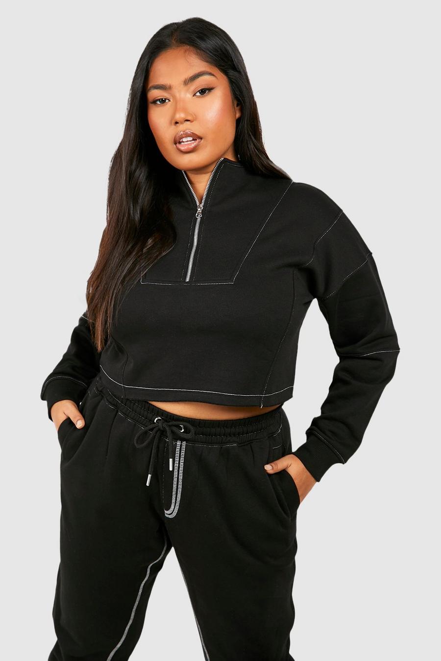 Black Plus Sweatshirt med kontrastsömmar och kort dragkedja image number 1