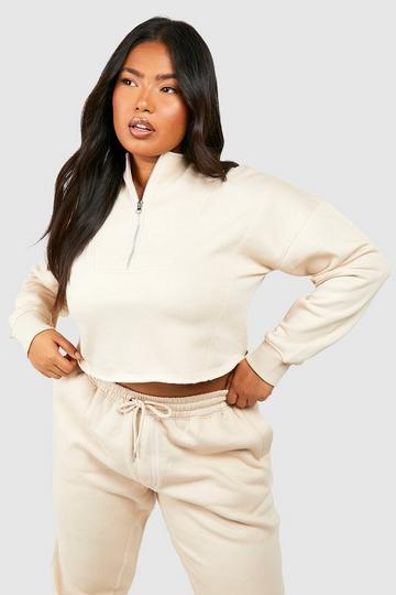 Stone Beige Plus Contrast Stitch Half Zip Sweatshirt