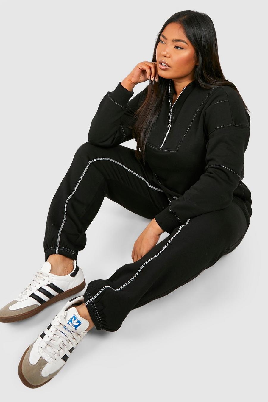 Pantalón deportivo Plus oversize con costuras en contraste, Black