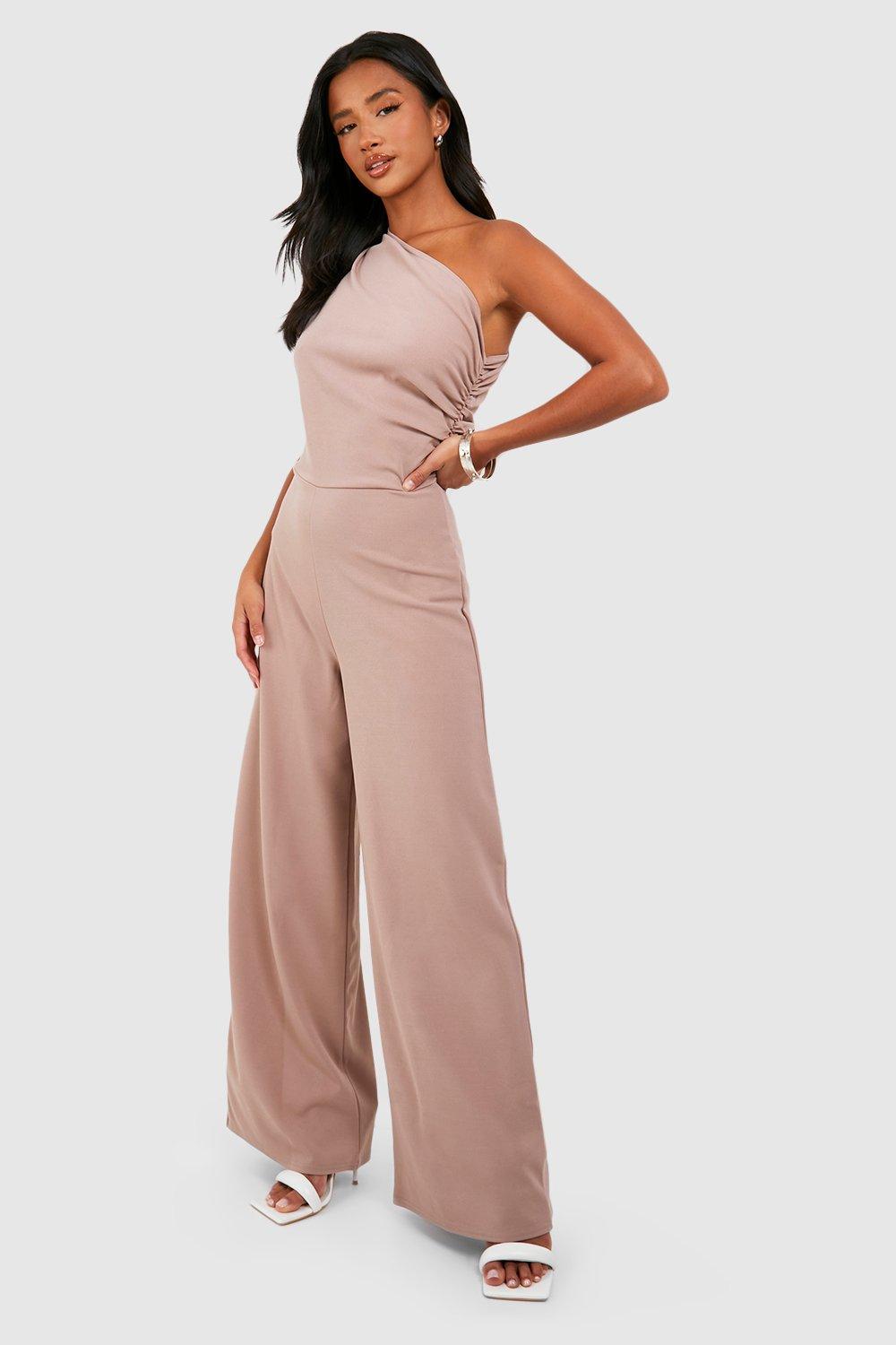 Women's Petite Ruched Asymmetric Neck Jumpsuit