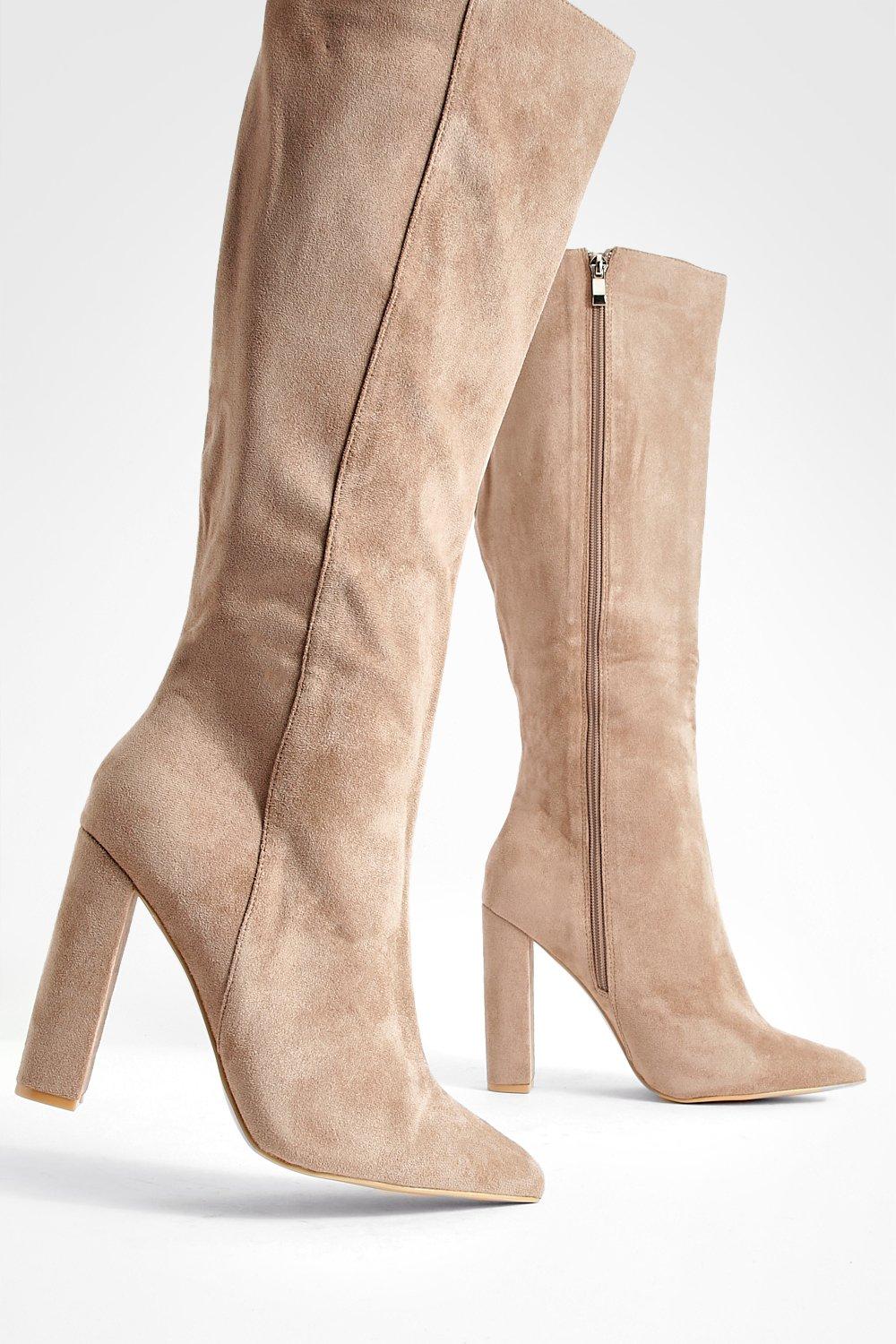 Wide Fit Pointed Knee High Heeled Boots boohoo