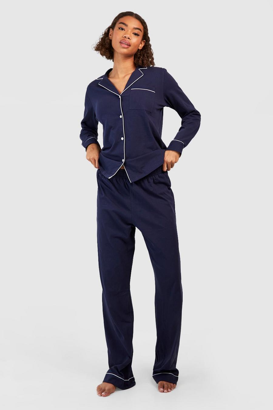 Navy Tall Jersey Knit Button Pj Long Sleeve Pants Set image number 1