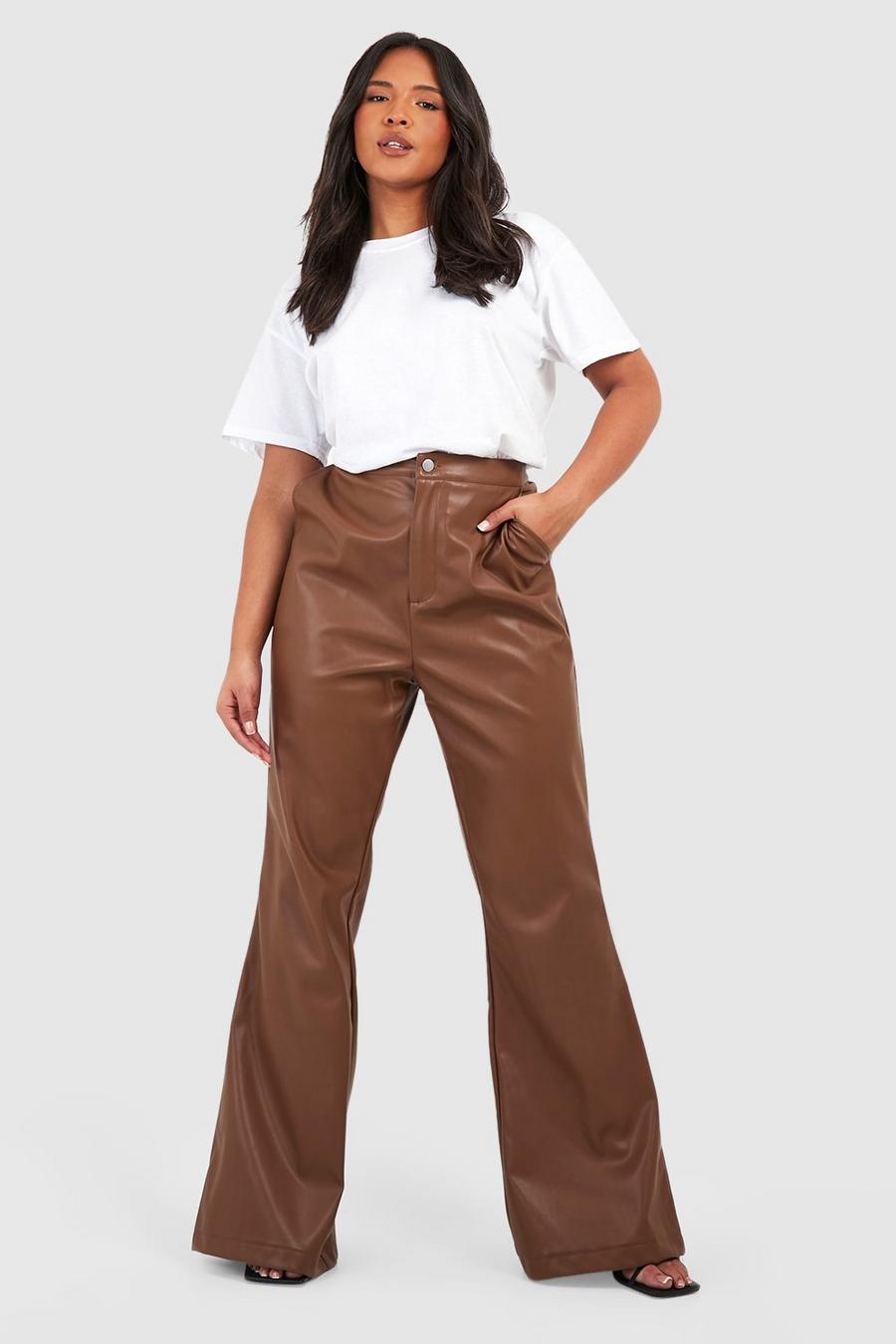 Pantaloni a zampa Plus Size in PU, Chocolate image number 1