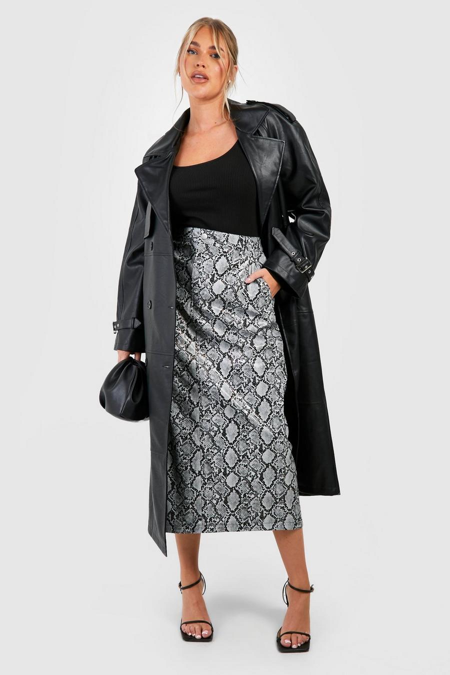 Grey Plus Snake Faux Leather Midi Skirt image number 1