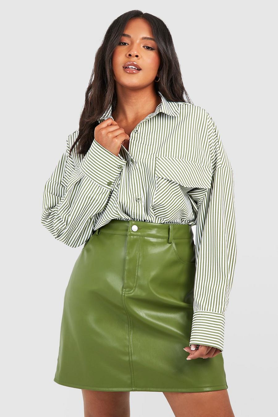 Khaki Plus Leather Look High Waisted Mini Skirt 