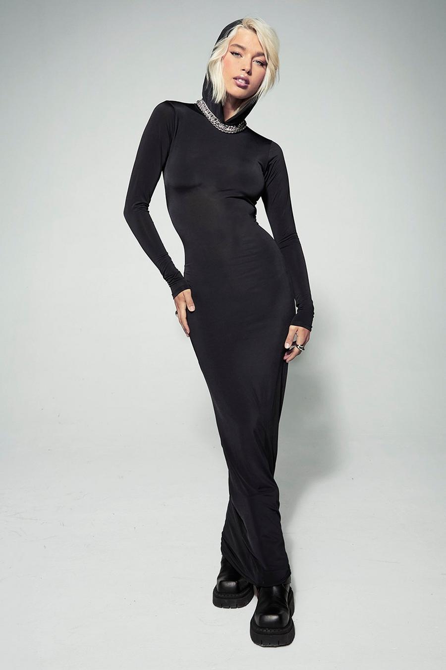 Black noir Kourtney Kardashian Barker Slinky Hooded Maxi Dress