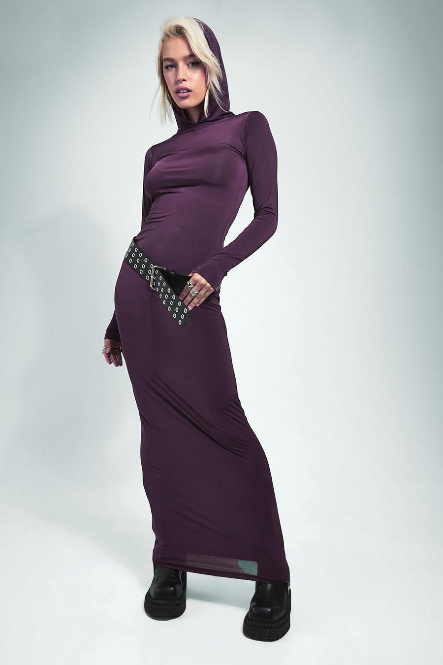 Purple Slinky Hooded Maxi Dress image number 1