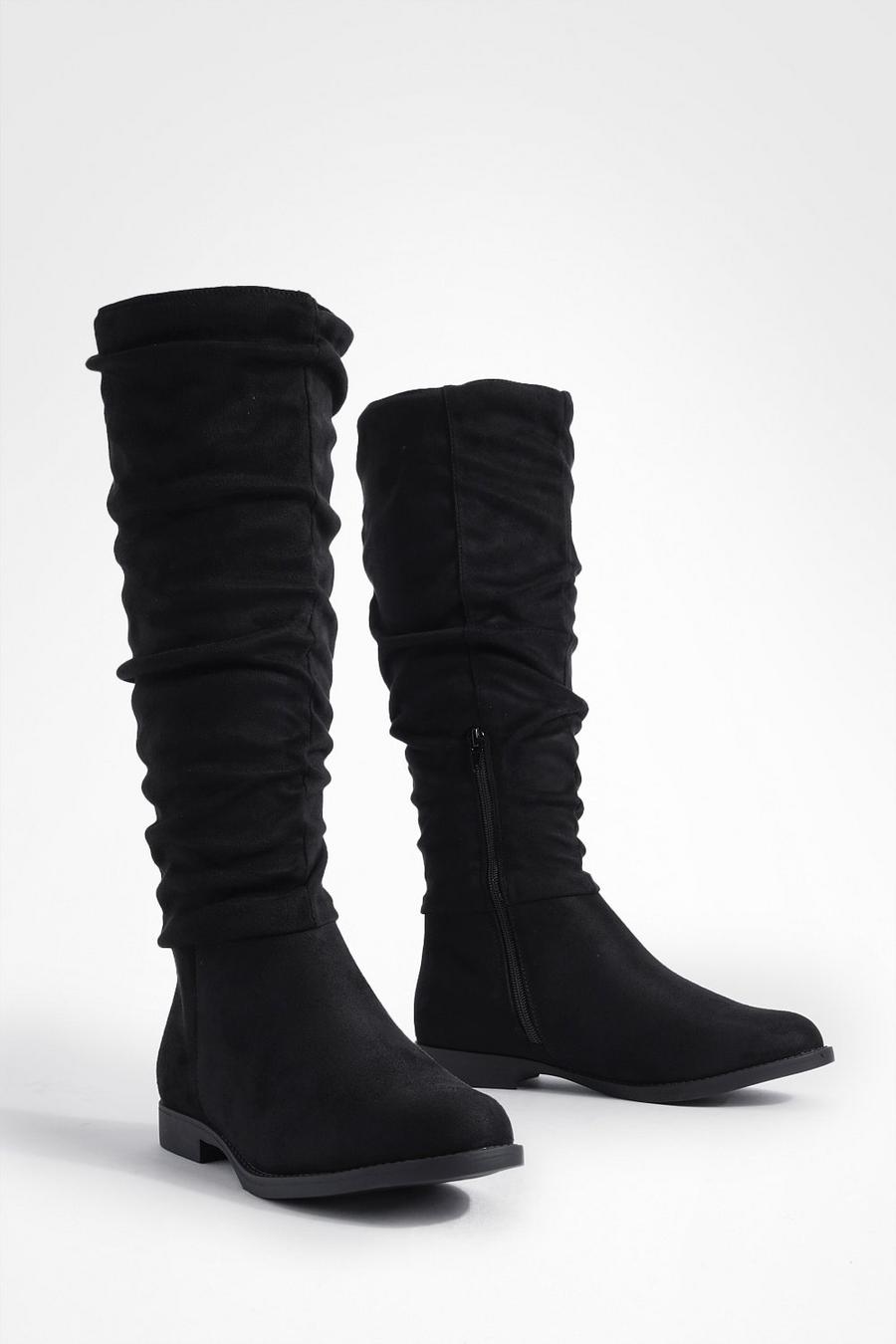 Black Wide Fit Ruched Knee High Boots