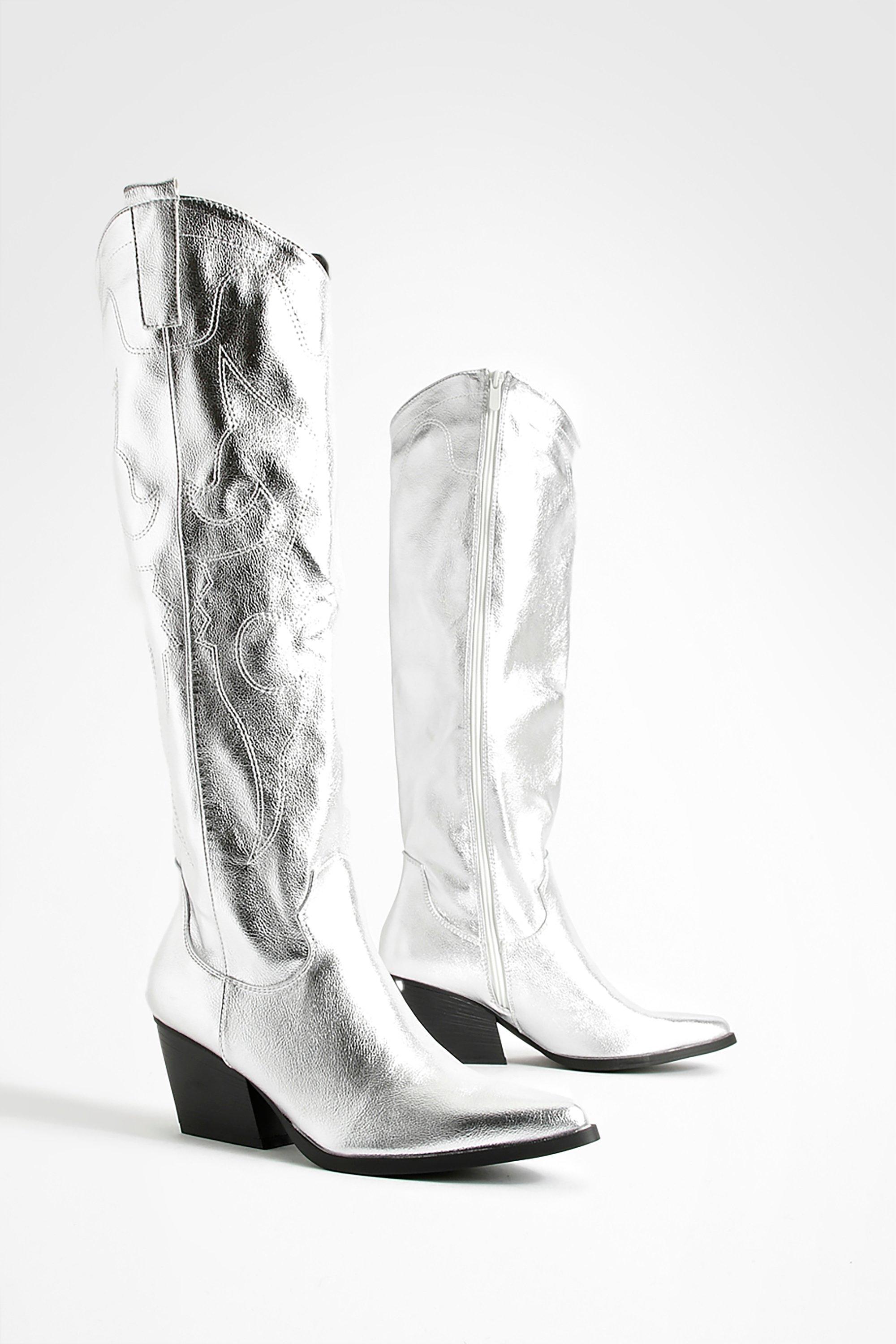 Stitch Detail Metallic Western Cowboy Boots