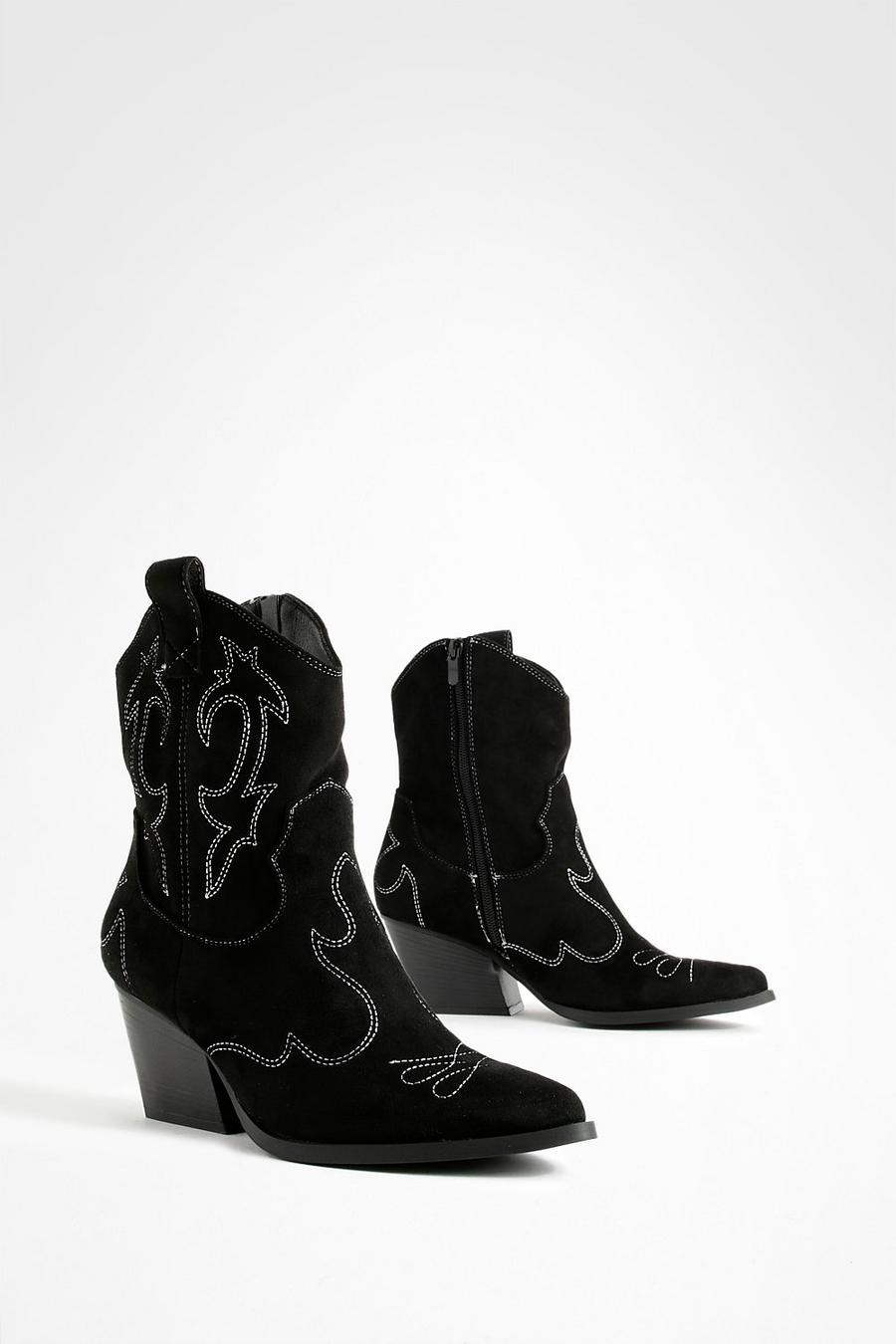 Black Stitch Detail Ankle Western Cowboy Boots image number 1
