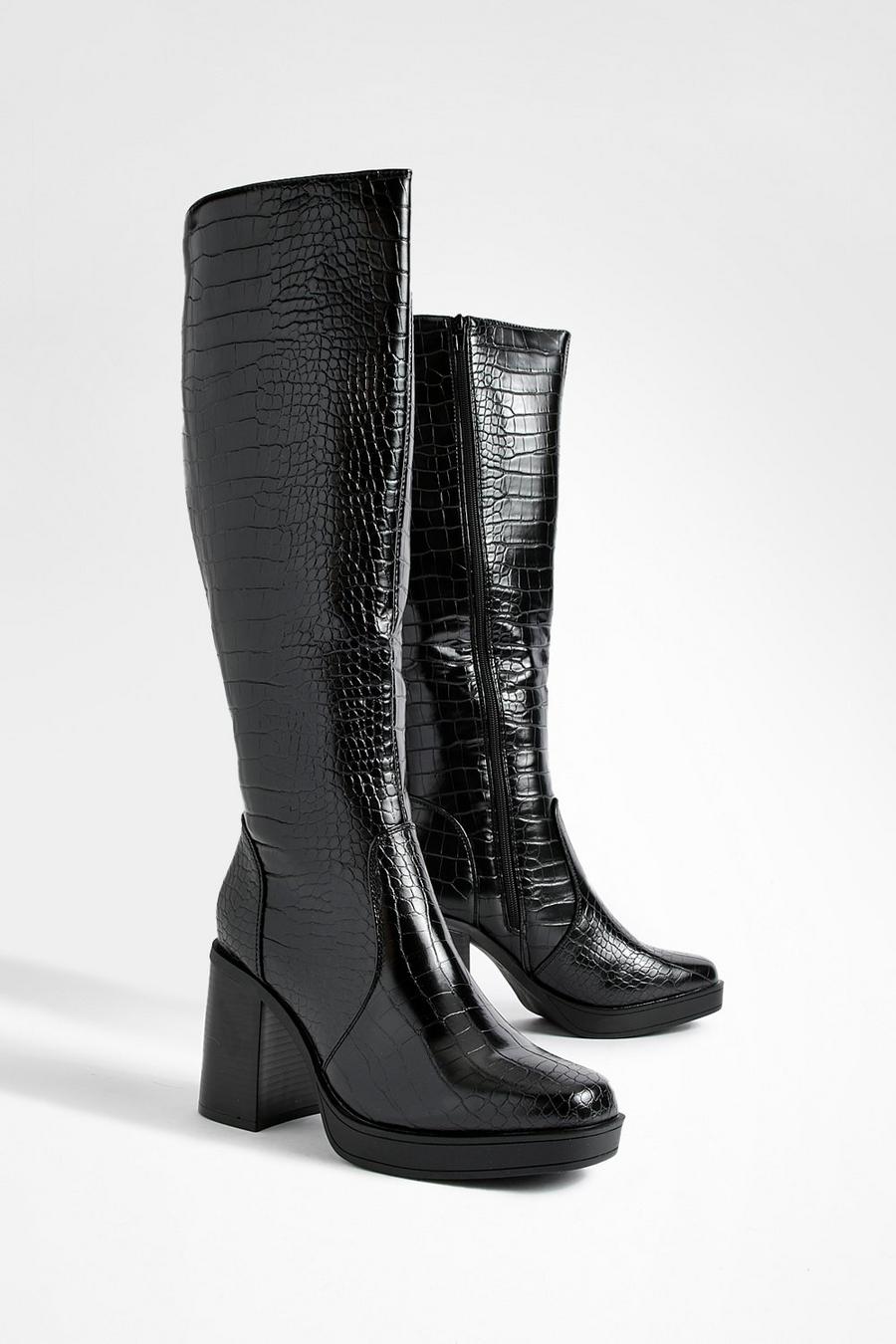 Kniehohe Platform Kroko-Stiefel mit Blockabsatz, Black noir