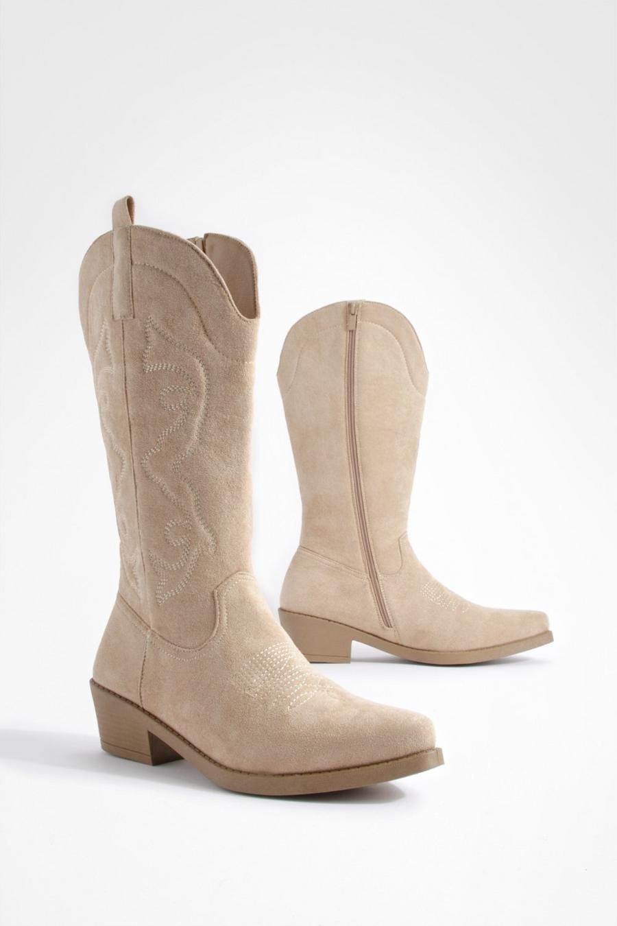 Taupe Stitch Detail Low Western Cowboy Boots