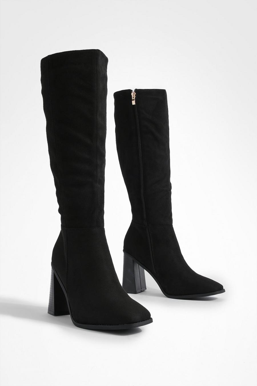 Black svart Block Heel Knee High Boots