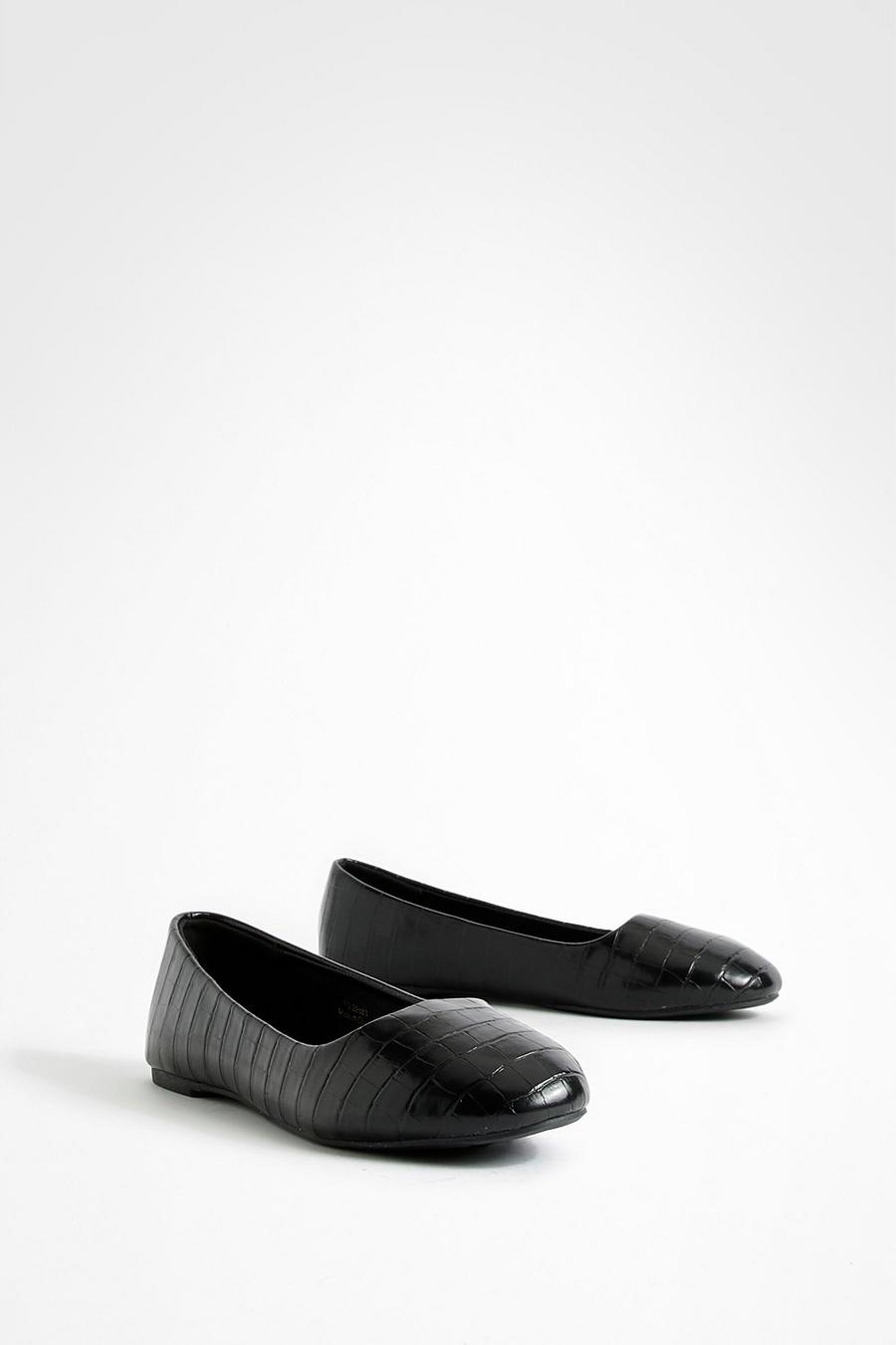 Black Wide Width Croc Slipper Ballet Flats