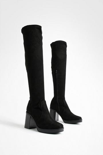 Platform Stretch Knee High Boots Happy black