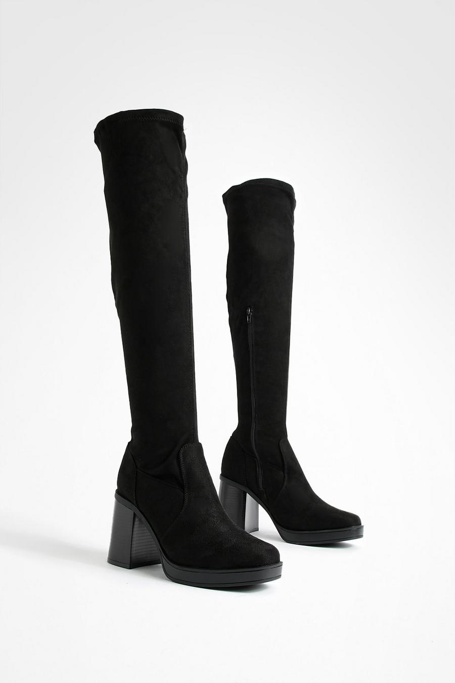 Black svart Platform Stretch Knee High Boots
