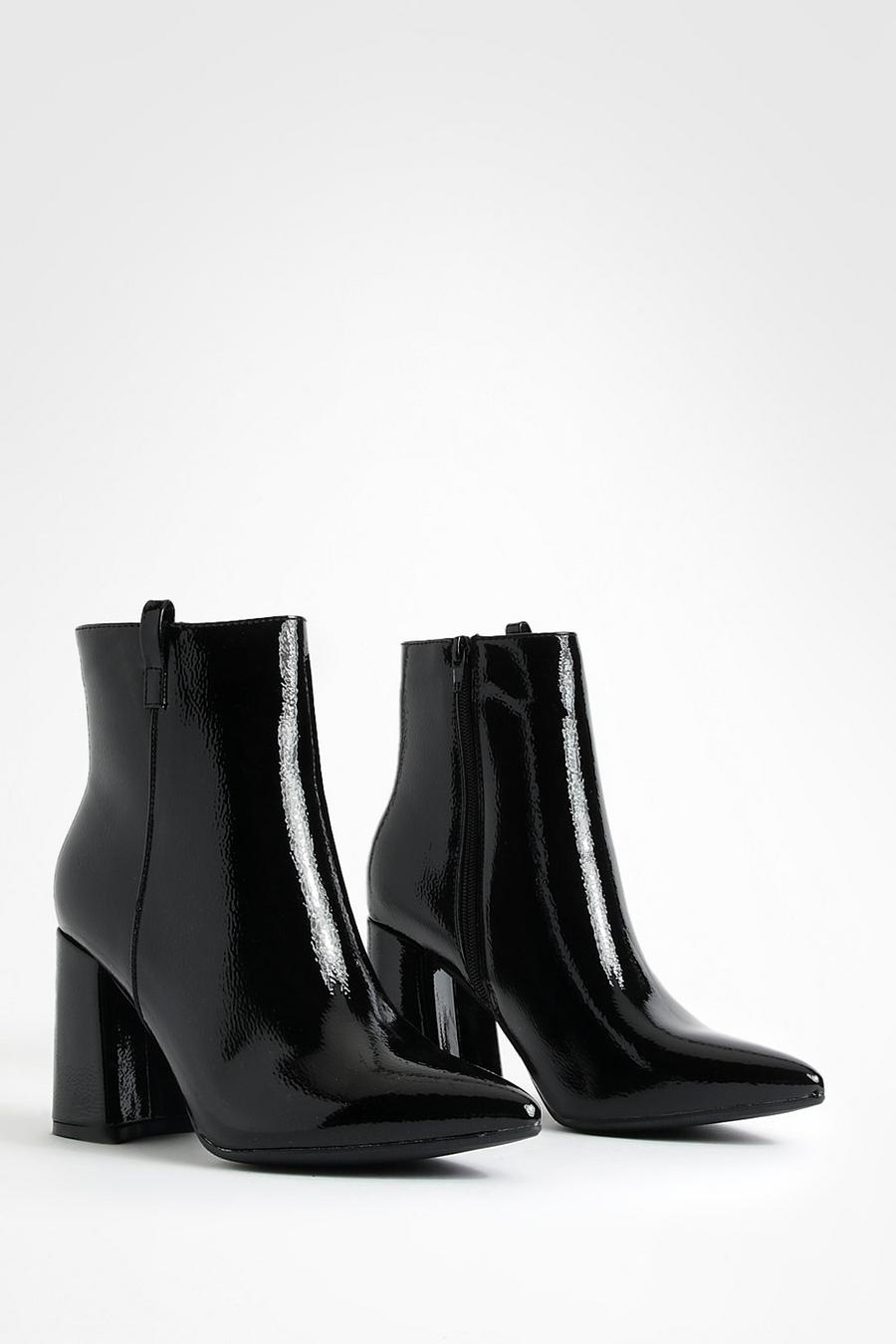 Black Wide Fit Textured Patent Block Heel Boots 