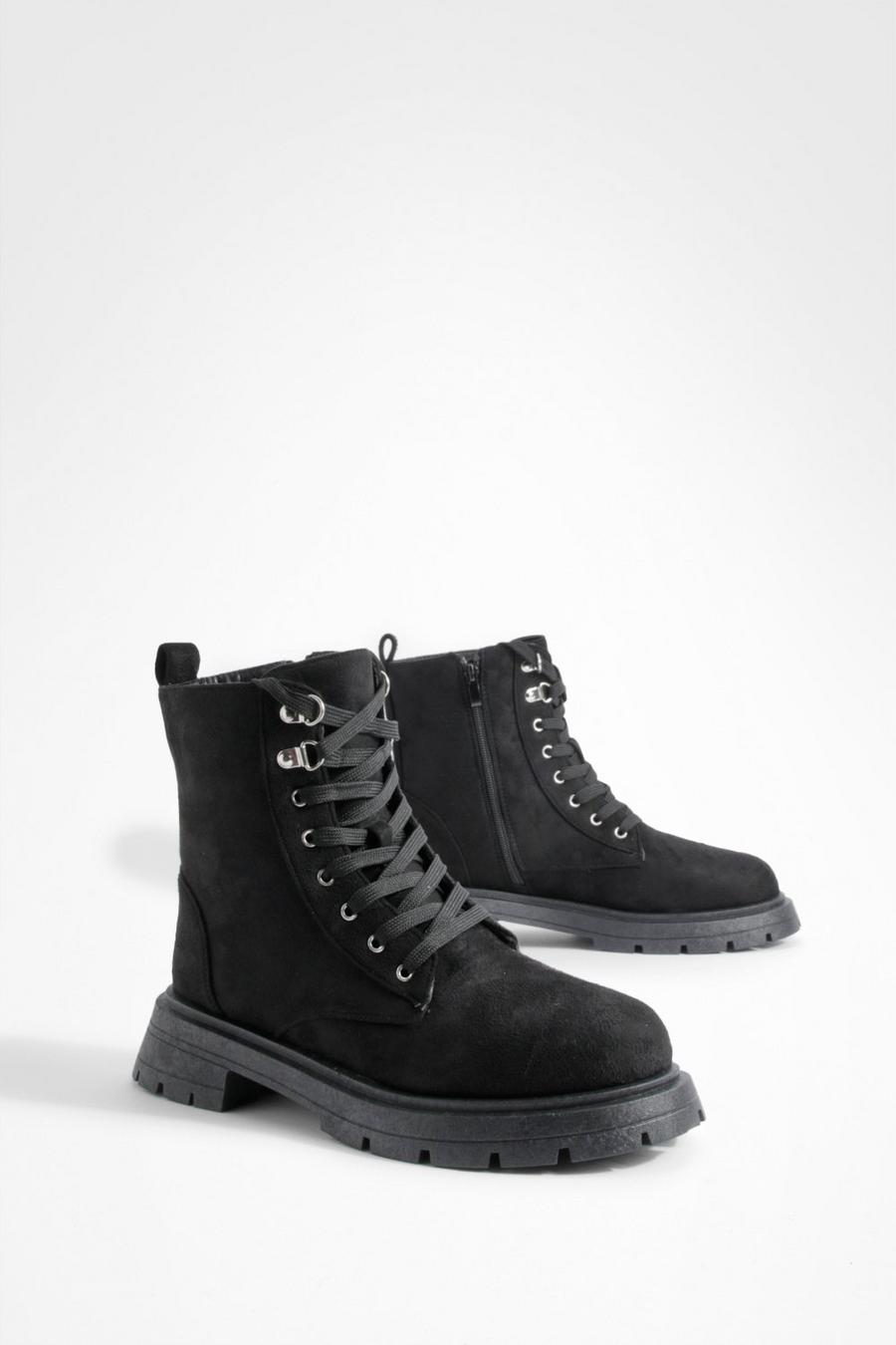 Black Wide Width Tab Detail Combat Boots image number 1