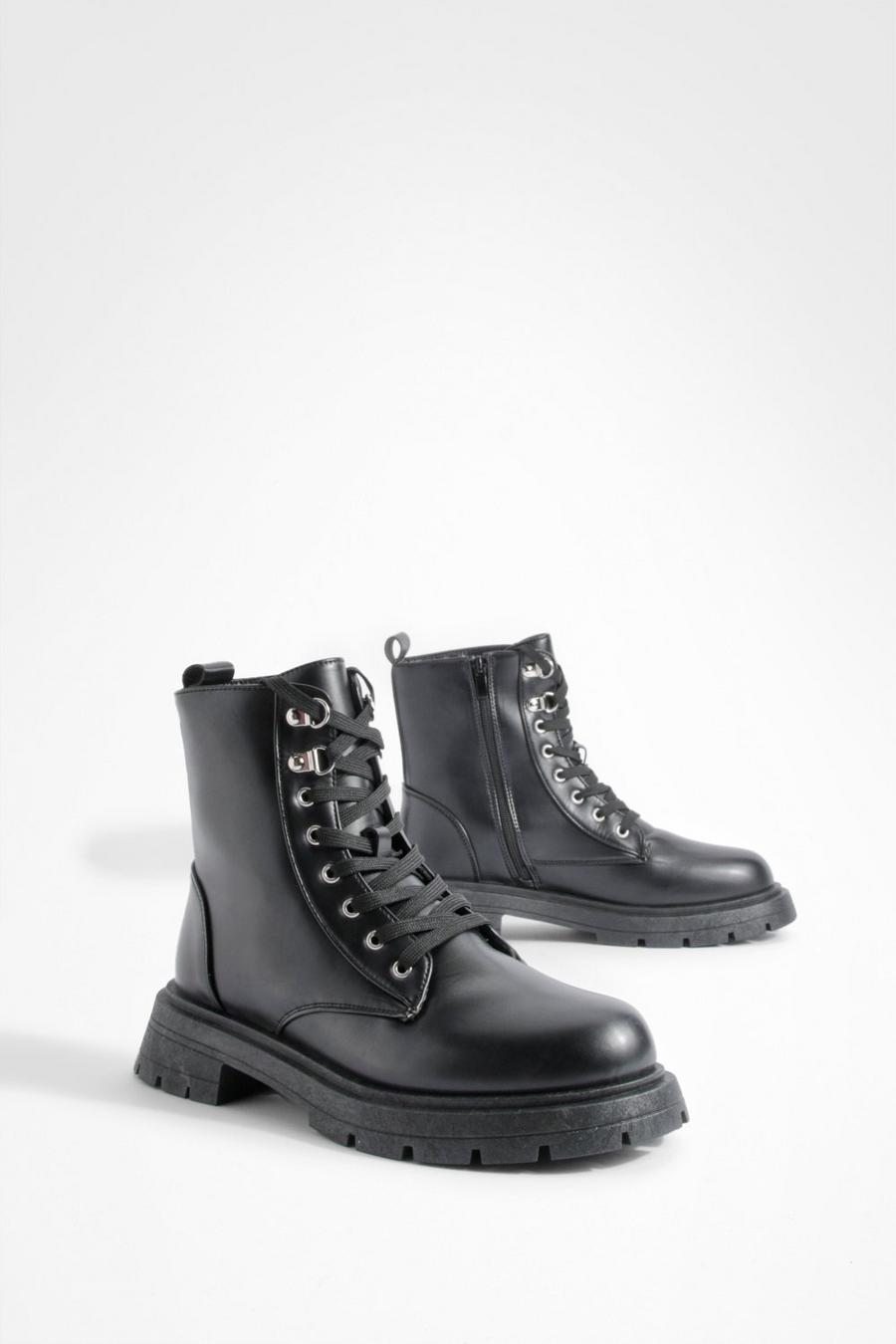 Black Wide Width Tab Detail Combat Boots image number 1