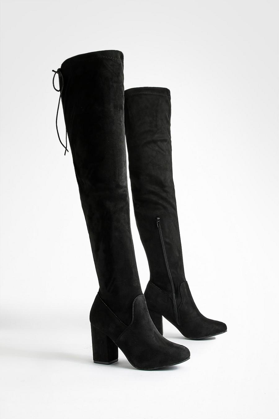 Black Wide Fit Thigh High Block Heel Boots