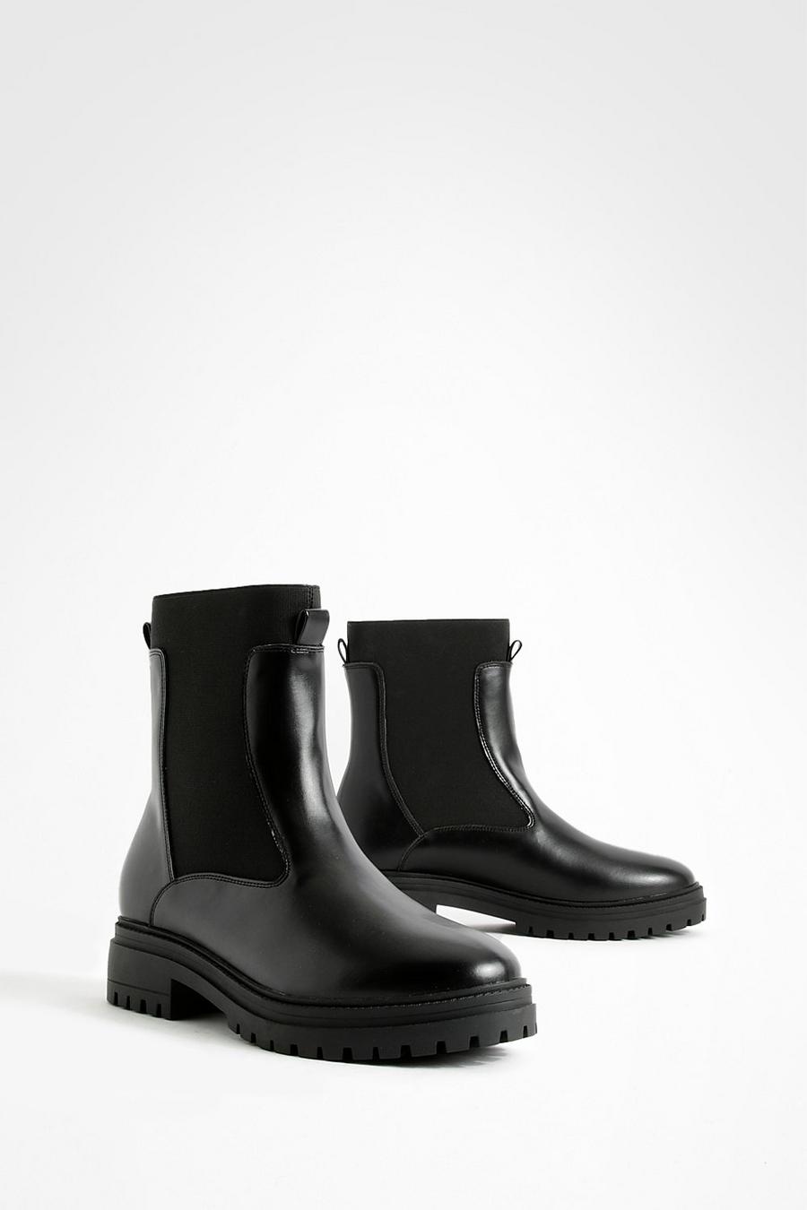 Black Wide Width Elastic Panel Chunky Chelsea Boots