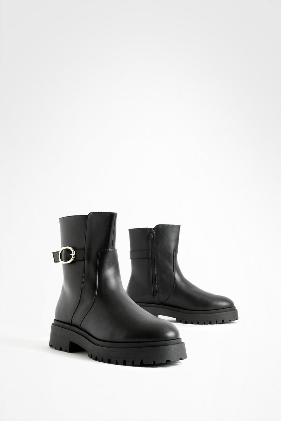 Black Wide Width Oval Buckle Chunky Chelsea Boots