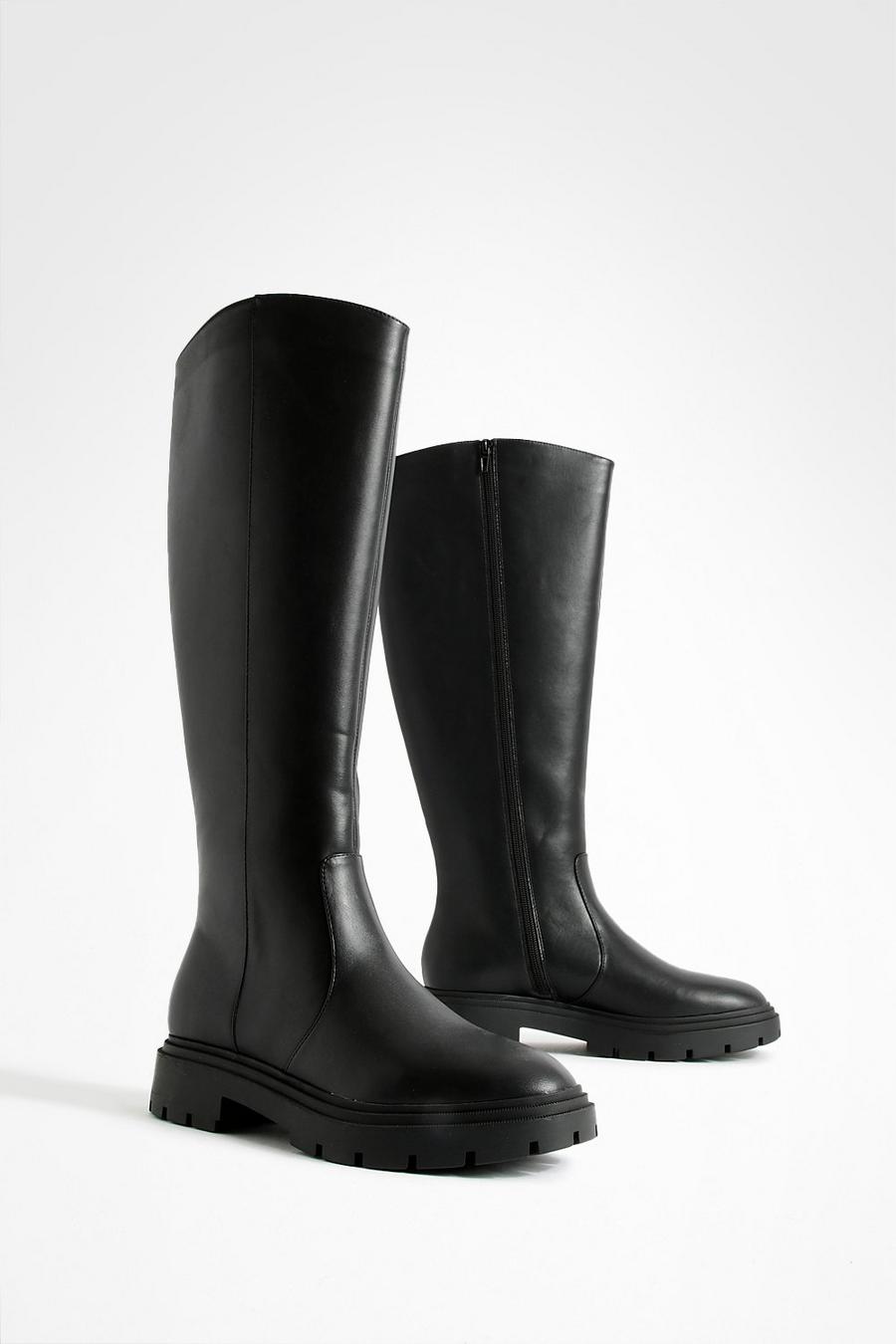 Black Minimal Chunky Sole Knee High Boots image number 1