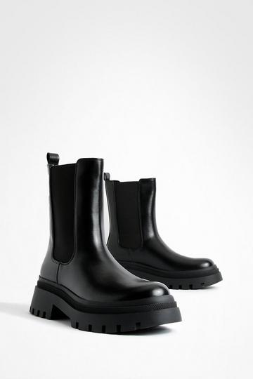 Calf Height Double Tab Chunky Chelsea Boots black