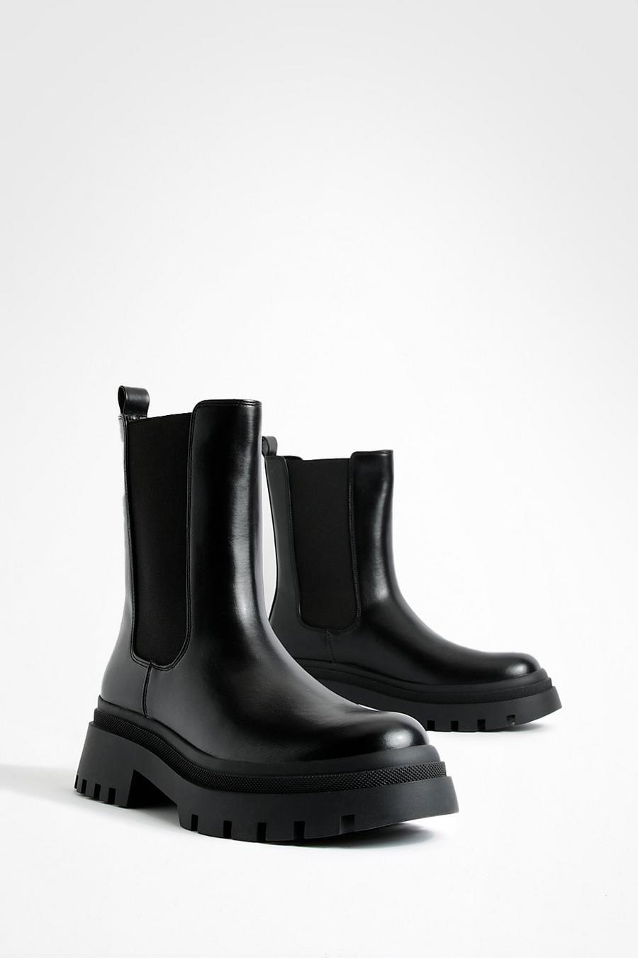 Black Calf Height Double Tab Chunky Chelsea Boots image number 1