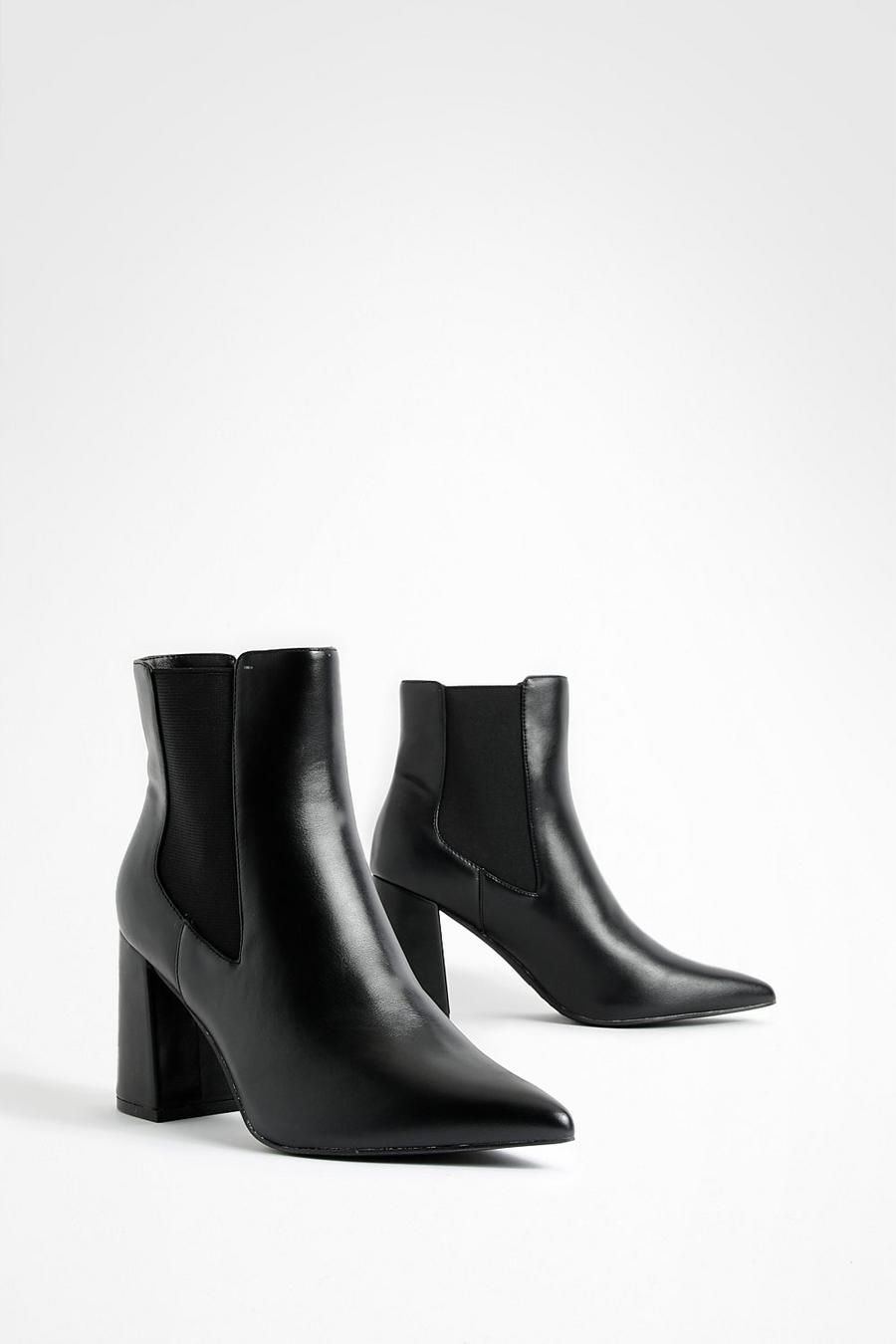 Black Pu Block Heel Pointed Toe Ankle Boots 
