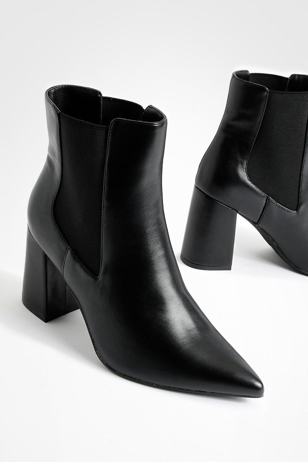 Pu Block Heel Pointed Toe Ankle Boots