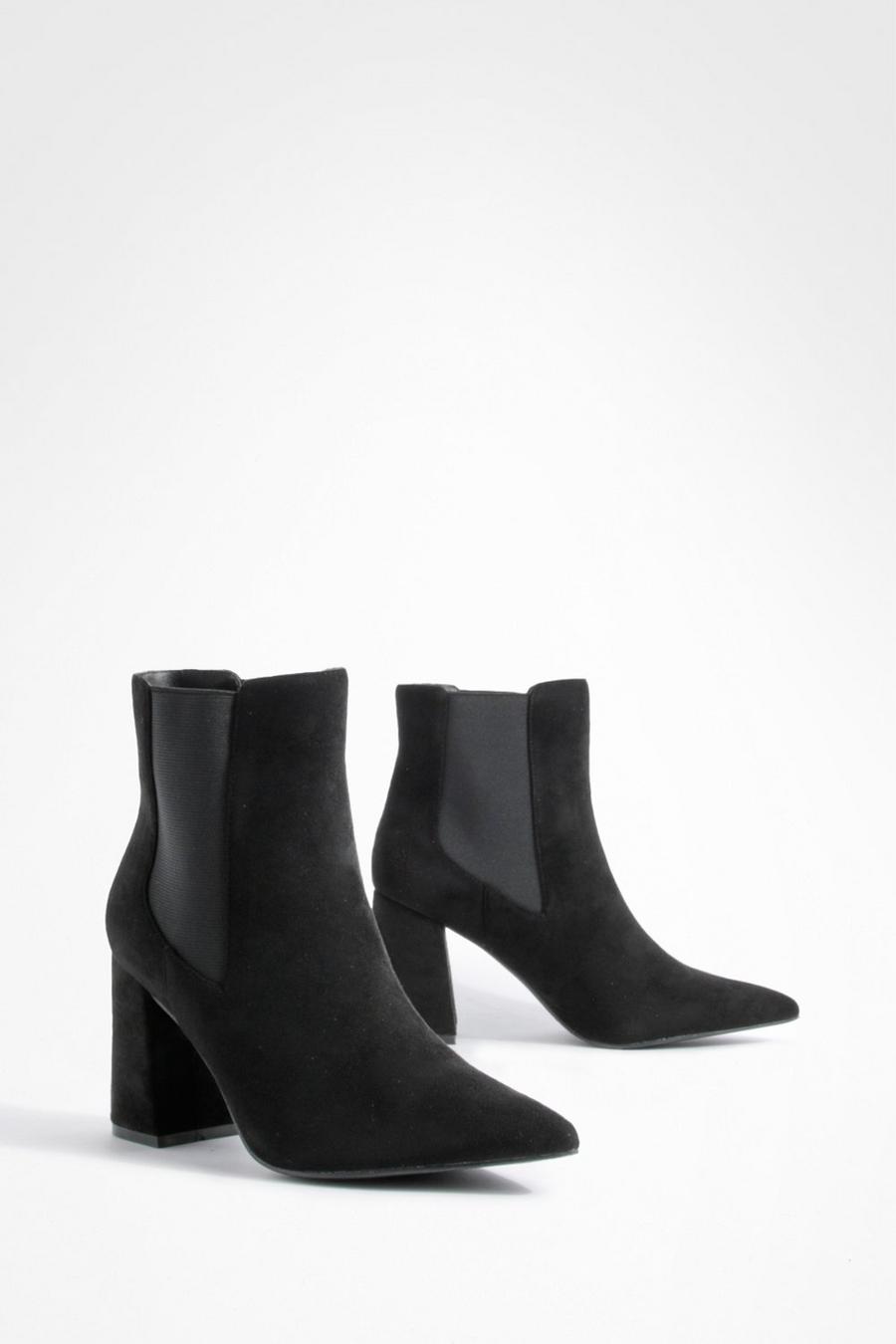 Black svart Faux Suede Block Heel Pointed Toe Ankle Boots